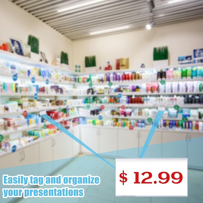 Qunclay 100 Pcs Shelf Label Holder Glass Wood 1.25 x 3 Inches Clear Plastic Clip on Labels Shelf Tags for Wire Shelving 0.15'' to 0.4'' Shelves Sign Price Tags