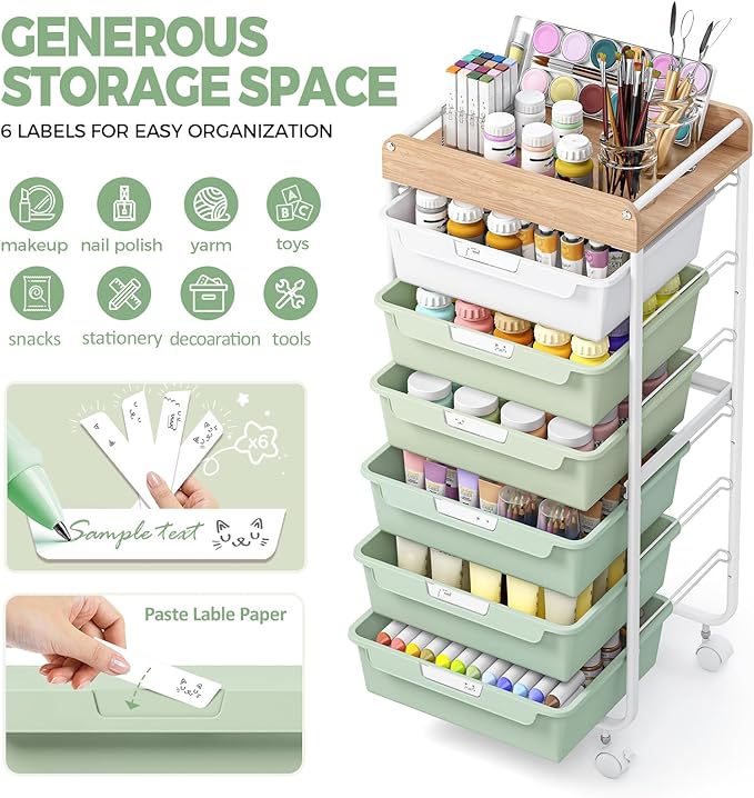 Rolling Storage Utility Cart With 6 Drawers,Art Supply Craft Organizer,Sewing Makeup Organizer And Storage,Office Organization Wooden Tabletop,Green