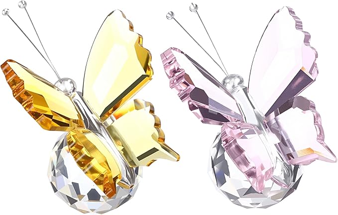 PATIKIL 2 Pcs Butterfly Crystal Paperweight, 75mm / 3 Inch Crystal Paperweight Paper Weight for Home Office Desktop Table Decor Wedding Party Jewelry Ornaments, Pink/Yellow