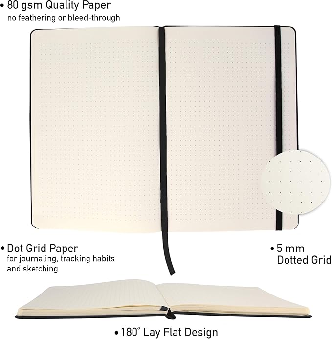 Simply Genius A5 Hardcover Dotted Notebook - Lay-Flat Binding & Grid Pages - Durable Leatherette Cover & Dotted Journal Multipack - Ample 192-Page Bulk Journals - Pack of 20, A5, Black