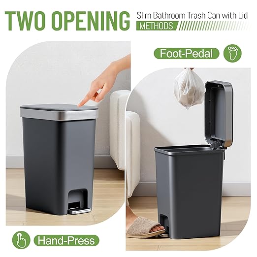 accep 2 Pack Bathroom Garbage Can with Lid, 2.6 Gallon /10 Liter Small Trash Can, Press Top Bin & Step Metal Pedal Trash Bin, Waste Basket for Bedroom, Home Offices, Small Spaces, Dorm (Black Gray)