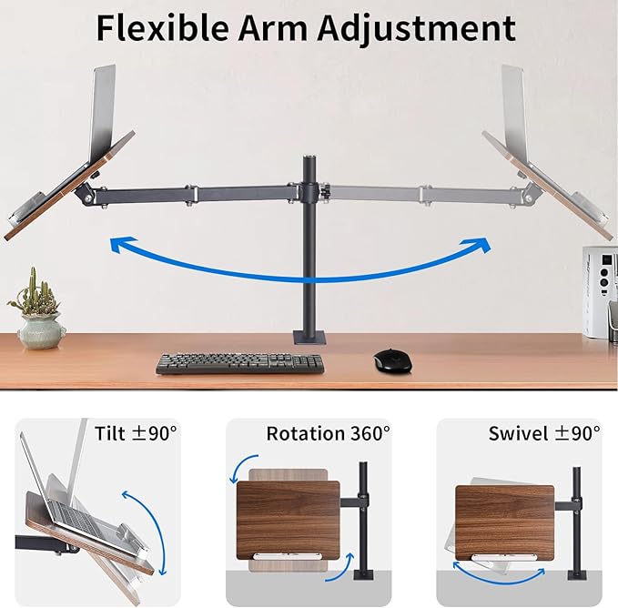 Adjustable Book Stand with Desk Clamp Mount, Wooden Reading Holder with Metal Arm, Black