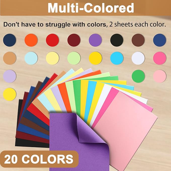 Silunkia 40 Sheets Colored Cardstock A4 Craft Paper, 20 Assorted Colors 200gsm/75lb Art Projects Card Stock Construction Paper for DIY Cards Making, Office Printing, Birthday Decorations, School