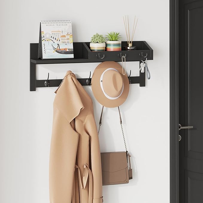 AMBIRD Wall Hooks with Shelf, 26.57 Inch Entryway Wood Coat Hooks for Wall, Coat Rack Wall Mount Rack with 5 Dual Hooks 3 Key Hooks Mail Organizer and Key Rack Key Holder (Black)