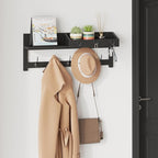 AMBIRD Wall Hooks with Shelf, 26.57 Inch Entryway Wood Coat Hooks for Wall, Coat Rack Wall Mount Rack with 5 Dual Hooks 3 Key Hooks Mail Organizer and Key Rack Key Holder (Black)