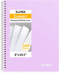 SUNEE Spiral Notebook, 1-Subject, Wide Ruled Paper, 8" x 10-1/2", 100 Sheets per Notebook, 3-Hole Punched Paper, Water Resistant Cover, Double-sided Pockets, Spiral Lined Notebooks for School, Purple