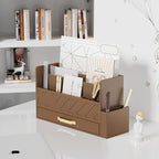 WISUCART Bamboo Desk Organizer Mail Holder Countertop Wood Desk Drawer Tabletop Storage Box Pen Holder Letter Sorter Makeup Organizer for School Home Office Supplies with Pen Holder Brown