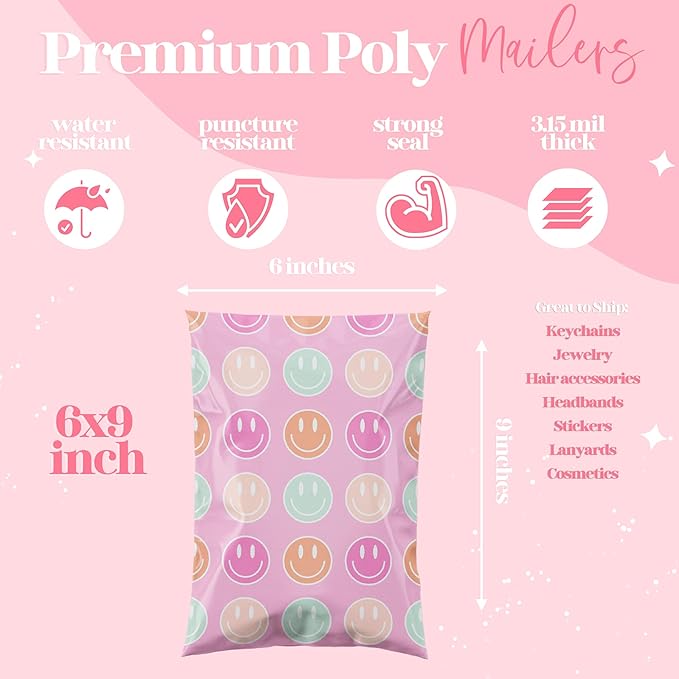 Pretty Package Store 14.5x19 Designer Poly Mailer 100 Pack Heavy Duty Waterproof Self Seal Shipping Bags for Small Business Large Mailing Envelopes Bulk Tear Resistant Cute Packaging Smiley Face
