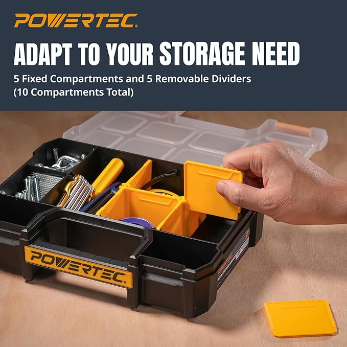 POWERTEC Small Parts Organizer & Tool Box – 10 Compartments, Stackable Storage with Removable Dividers, Clear Lid, Portable Design (72117)