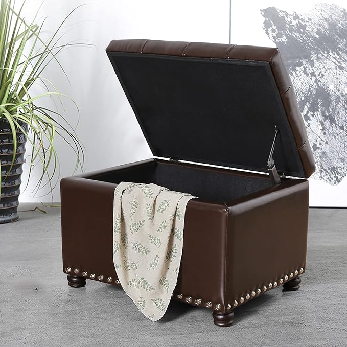 Decent Home 24'' Leather Storage Ottoman Rectangular Foot Rest Stool with Nailhead Trim for Bedroom Living Room(Dark Brown)