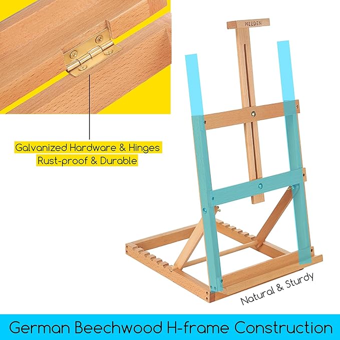 MEEDEN Heavy-Duty Tabletop Studio H-Frame Wooden Easel- Solid Beech Wood Adjustable Artists Desktop Wood Easel Table for Artist, Beginners & Teens- Holds Canvas Art up to 23" High