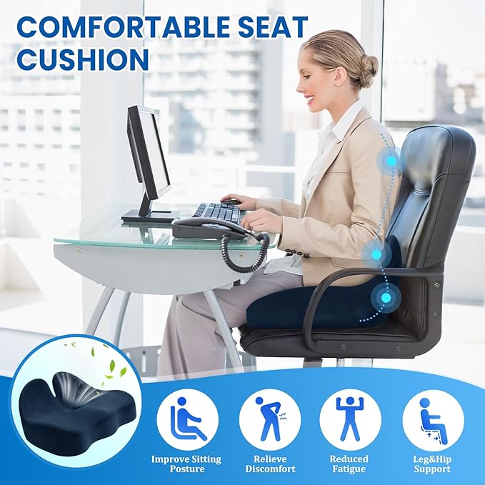 CushZone Seat Cushion, Memory Foam Office Chair Seat Cushion for Office Chairs/Car/Long Trip/Desk Chair/Gaming, Extra Large Size for Sciatica & Hip & Tailbone Pain Relief, Sciatica Support (Blue)