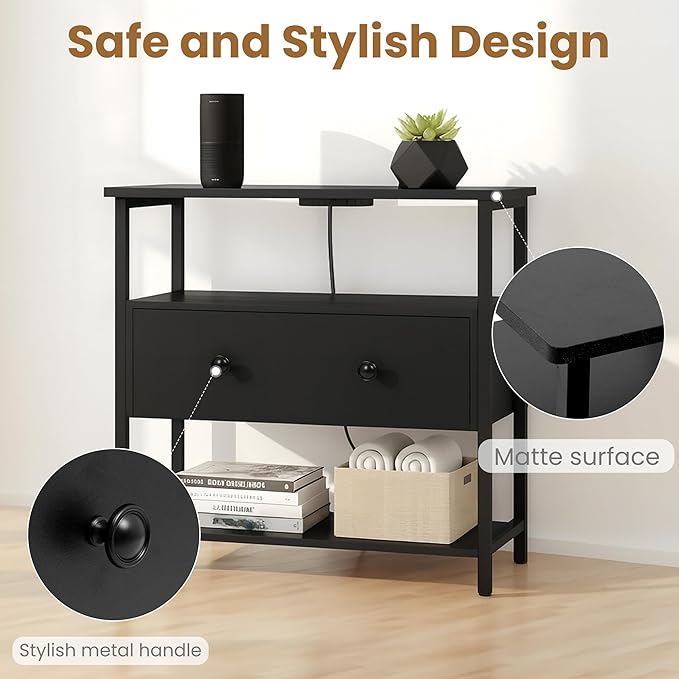 Edbuosy 27 Inch Wide Night Stand with Charging Station, Wood Nightstand with Open Shelf, Large Drawer Bedside Table for Living Room/Bedroom/Office (Black)