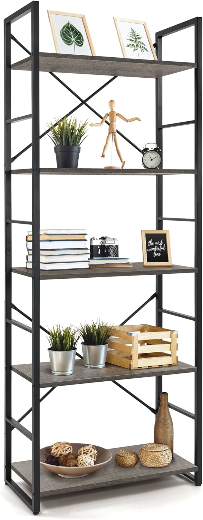 CAPHAUS 5 Tier Bookshelf, 24 Inch Width Free Standing Shelf, Bookcase Shelf Storage Organizer, Industrial Book Shelves for Home Office, Living Room, Kitchen, Dark Grey
