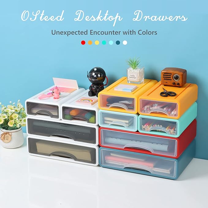 OSteed White Desktop Drawers for Paper, Stackable Office Storage Drawers for Desk, Craft Organizer and Storage Bins, 4 Mixed Storage Container with Plastic Drawers for Office Supplies Desk accessories