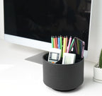 Hennaja Round Leather Art Supply Organizer,Remote Control Holder,360 Degree Spinning,Multi-Functional Pencil Holder,4 Compartments Desktop Stationary Organizer(1-Lichee Black)