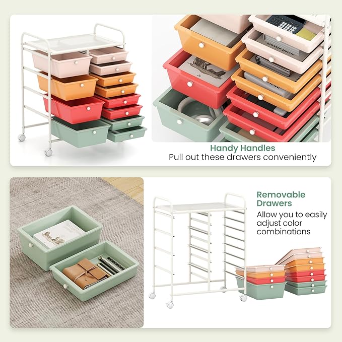LDAILY 12 Drawer Rolling Storage Cart, Rolling Cart with Drawers for Classroom, Art Supply Craft Organizer on Wheel with Metal Frame & Handles for Home Office School (Macaron, 12 Drawer Left-Right)