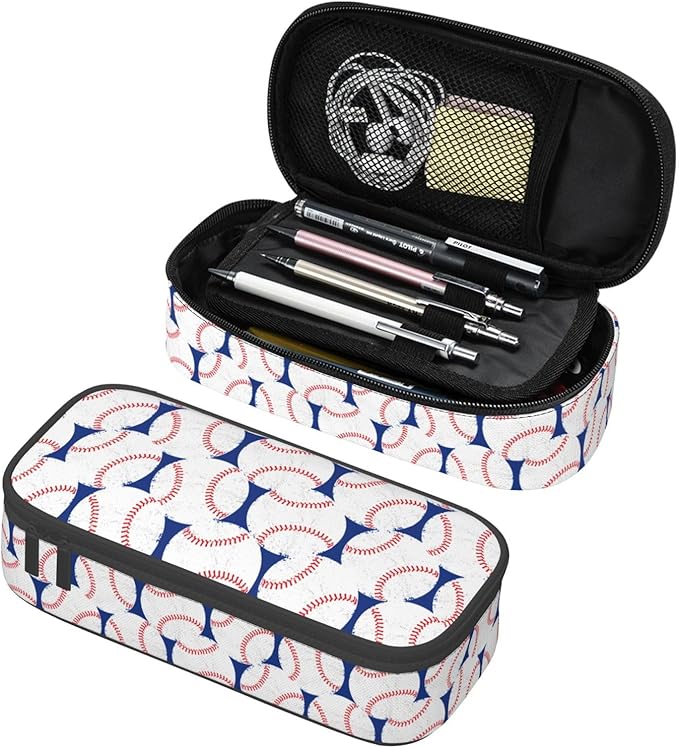 Baseball Blue White Ball Pencil Case Big Capacity Storage Pencil Pouch Stationery Bags With Zipper Portable Pen Holder Box Organizer For Boys Girls Teens Student College School Office Supplies