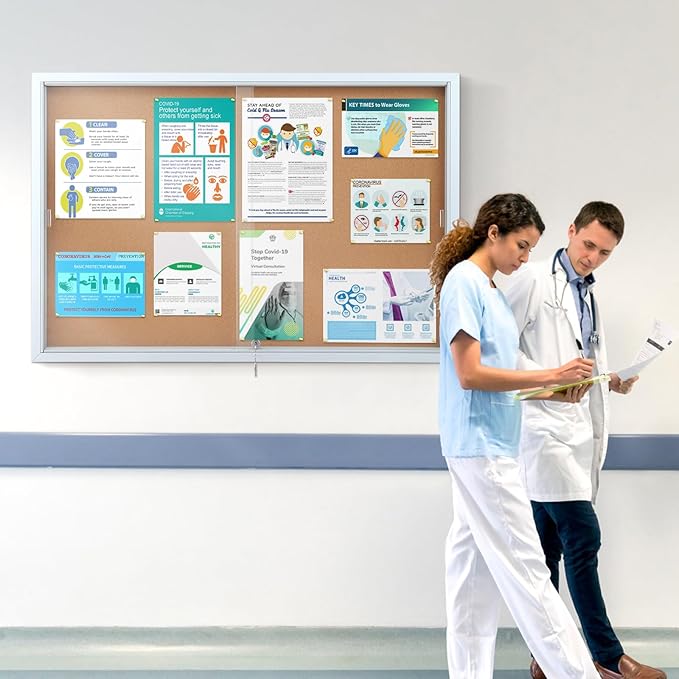 SWANCROWN Glass Enclosed Bulletin Board 48"x32", Locking Cork Board with Sliding Glass Doors for Indoor Use
