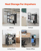 VEVOR Rolling Library Book Cart, 330 lbs Capacity, 38.2 x 20.3 x 48.2-Inch Library Cart, Double Sided W-Shaped Shelves with 3-Inch Lockable Wheels, Book Truck for Home Shelves Office and School, Black