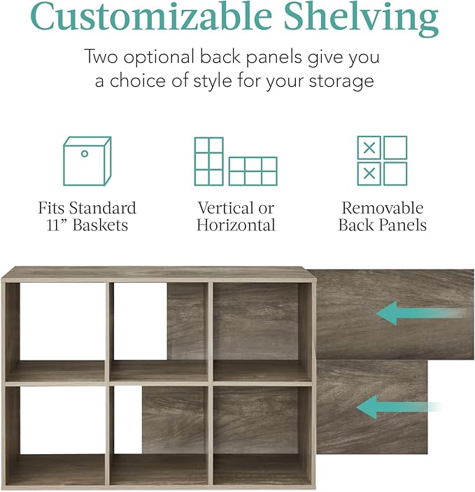 Best Choice Products 6-Cube Storage Organizer, 11in Shelf Opening, Bookcase, Display Shelf, Customizable w/ 3 Removable Back Panels – Greige