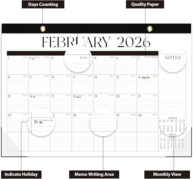 Desk Calendar 2026, Monthly Desktop Large Calendar (Jan 2026 - Jun 2027) 17" x 12" Desk Wall Planner for Family Teacher School Office Supplies, Black-White