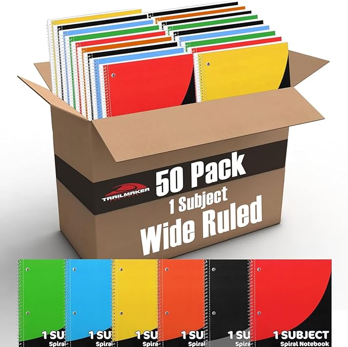 Trail maker Bulk Notebooks (50 Pack), One Subject Notebooks Wide Ruled, 70 Sheets,Spiral Bulk Notebooks for Kids, School Supplies, Journaling, Note Taking, Students, and Work