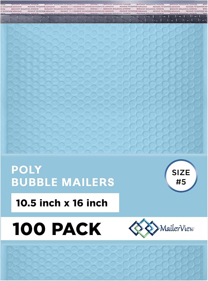 Light Blue 10.5x16 Inch Large Poly Bubble Mailers #5 | Padded Envelopes with Self Seal | Air Lined Cushioned Bubble Mailer | Usable Size 10.5x15 | 100 Pack Bulk | Lightweight shipping Bags