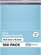 Light Blue 10.5x16 Inch Large Poly Bubble Mailers #5 | Padded Envelopes with Self Seal | Air Lined Cushioned Bubble Mailer | Usable Size 10.5x15 | 100 Pack Bulk | Lightweight shipping Bags