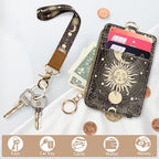 bolimoss Sun and Moon Lanyard Wallet, Boho Lanyard with Wallet,ID Badge Holder with Neck & Wristlet Lanyard, Pu Leather Zip Id Case Wallet with Breakaway Lanyard, Keychain Wallet for Women