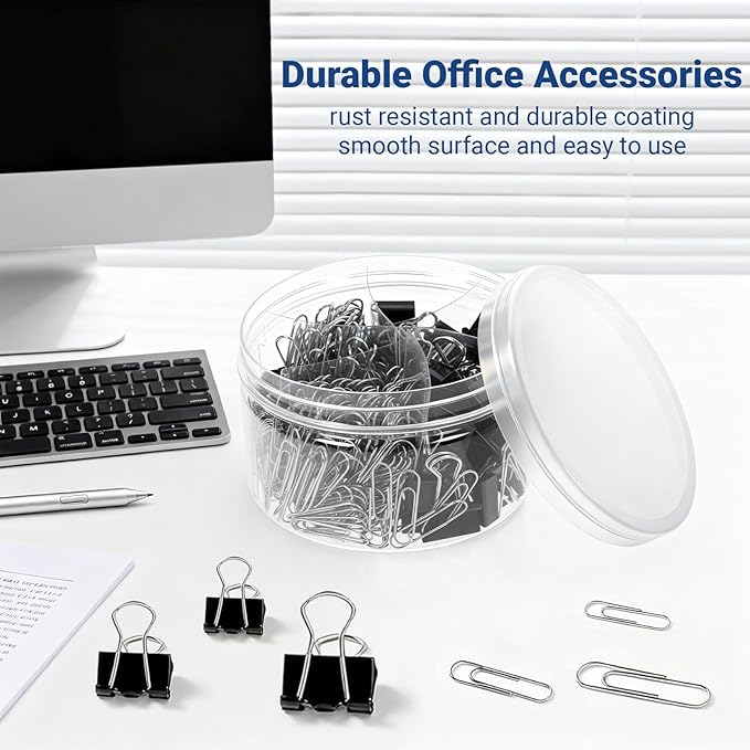 370 PCS Paper Clips and Binder Clips Set – Assorted Sizes Metal Clips (28-50mm Paper Clip + 15-25mm Binder Clip), Office Supplies for Home School