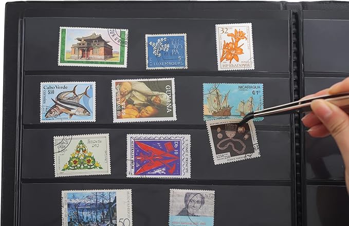 Stamp Albums 120 Pockets - Stockbooks with 40x197mm Sleeves, 10 Double Sided Black Page with Leatherette Padded Black Cover, Collection Storage Folder for Paper Money Postage Stamps AS0106BK