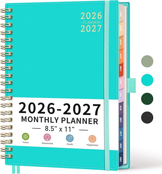 RETTACY 2026-2027 Monthly Planner, Jan 2026 - Dec 2027, Large Size (8.5" x 11"), Agenda, Calendar, 24 Month Tabs, Flexible Plastic Cover, 100 GSM Thick Paper, Spiral-bound (Tiffani Blue)