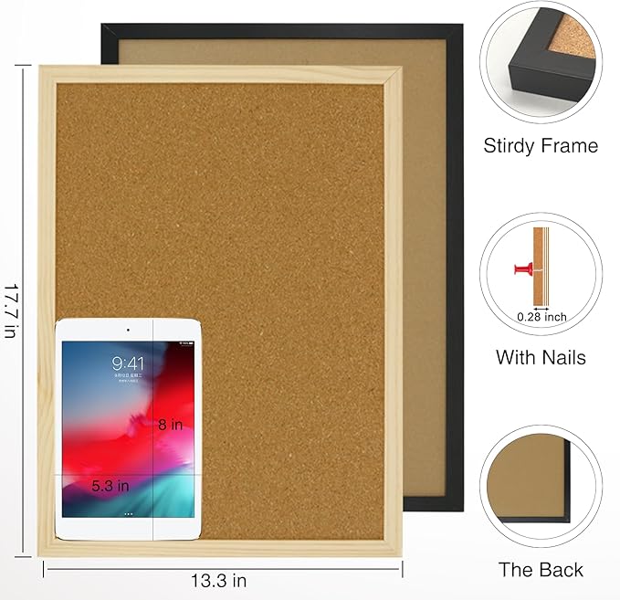 JEFURE 2 Pcs Cork Board, 17.7''x13.3'' Bulletin Board, Black Framed Corkboards for Wall, Small Cork Board, Vision Board Supplies, Prayer Board, Picture Board for Photos, Office, Home Decor, School