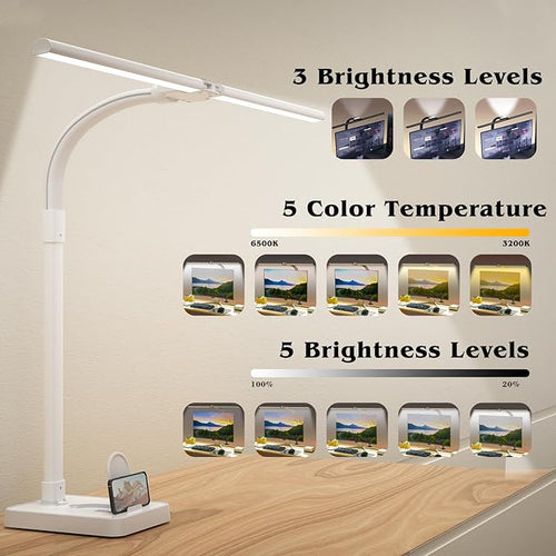 AKRRYR Led Desk Lamp for Home Office,24W Bright Eye-Caring Desk Light with Base,5 Brightness and 5 temperatures Dimmable Workbench Task Light, Adjustable Gooseneck Table Lamp for Monitor(White)