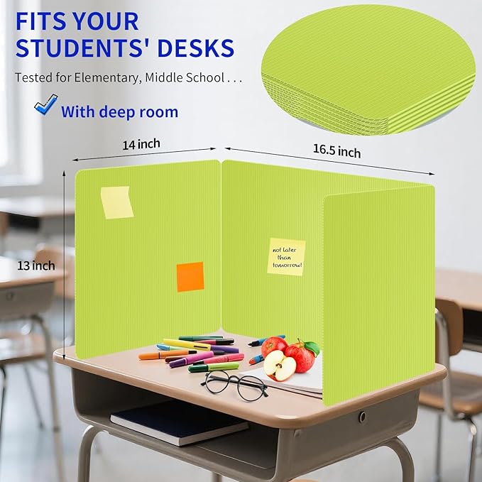 2 Pack Fluorescent Green Desk Dividers for Students, Privacy Shields Folder for Students, Durable & Waterproof Plastic Study Board, Classroom Teacher Supplies Test Divider, Includes Extra Labels