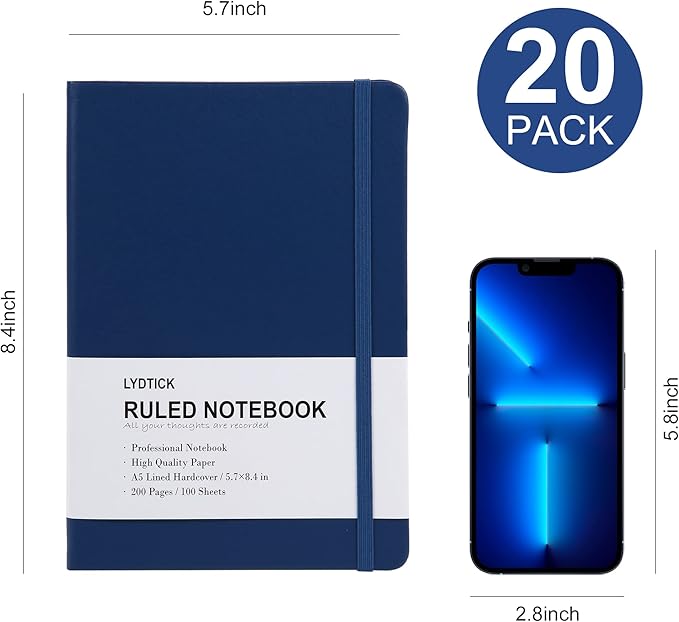LYDTICK 20 Pack Journals for Writing College Ruled Notebooks Journal in Bulk, Hardcover Notebooks (200Pages) for Note Talking, Lined Bullet Journals for Home School Office, 5.7"x8.4", Navy