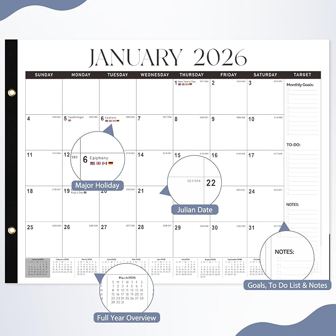 2026 Desk Calendar 22'' x 17'', Large Monthly Desktop Calendar, 18 Months Desk Pad (Jan. 2026 - Jun. 2027) for Home School Office Supplies (Black & White)