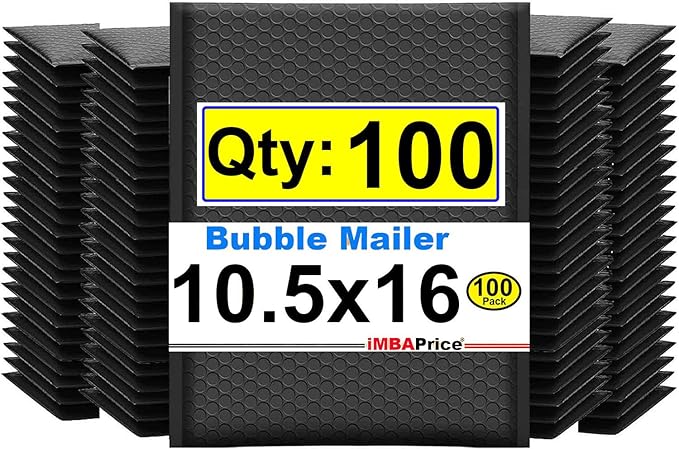 iMBAPrice 10.5x16 Inch Black Poly Bubble Mailers #5, 100-Pack Large Padded Envelopes, Self-Seal Polybubble Bags for Shipping, Mailing & Packaging
