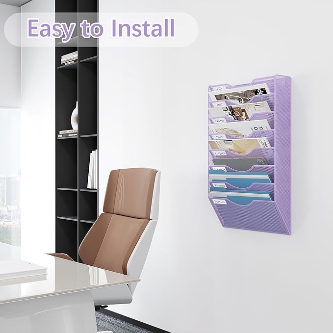EasyPAG 8 Pocket Mesh Wall File Organizer, Hanging Paper Folder Holder with Classify Label, Vertical Wall Mount Mail Organizer for Office Home Classroom, Purple