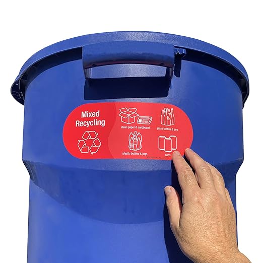 SmartSign (Pack of 4) 3.75 x 9 inch “Mixed Recycling” Sticker Labels with Symbols, 5 mil Laminated Polyester with SuperStick Adhesive, Red and White, Made in USA