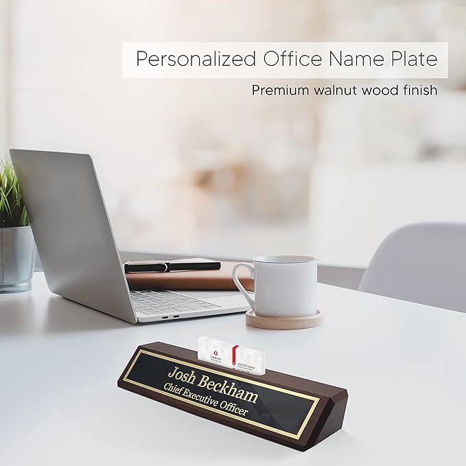 Business Wood Name Plate for Desk | Custom Desk Name Plate Personalized Gift for Office, The Perfect Engraved Name Plaque by Engraving International (2" x 10" with Card Holder, Walnut Wood)