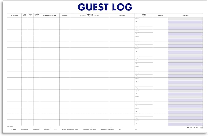 Guest Log Book for Automotive Dealerships – Customer Sign-in Tracking Log – 17" × 11" Visitor Registration Book – 100-Sheet Pad for Auto Service Centers, Repair Shops, Lead Management - 4 Pad