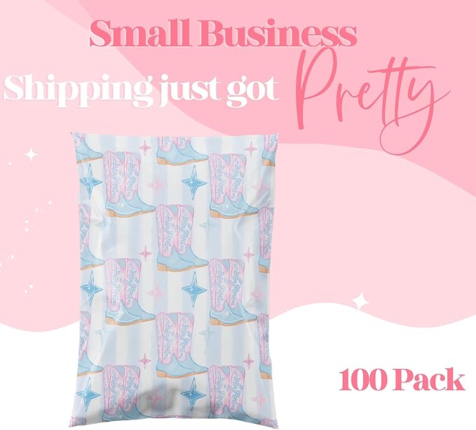 Pretty Package Store 6x9 Designer Poly Mailer 100 Pack Heavy Duty Waterproof Self Seal Shipping Bags for Small Business Large Mailing Envelopes Bulk Tear Resistant Packaging Cowgirl Boots Western