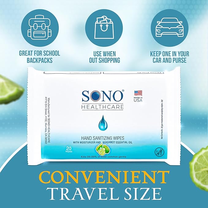 SONO Disinfecting Wipes - 160 Count (Pack of 2) + Sanitizer, Alcohol-Free, No Bleach, Medical-Grade, Multi-Surface Cleaning for Home, School, Office