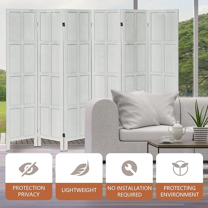 Leesinwing Wood Room Divider 6 Panel Folding Privacy Screen, Classic 5.6Ft Indoor Wooden Partition, Portable Partition Wall Divider for Room Separation, Home, Office, Bedroom, Restaurant (White)