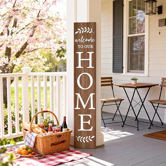 Welcome Sign for Front Porch, 47" Large Wooden Welcome to Our Home Sign Door Hanging Standing Plaque, Farmhouse Vertical Outdoor Porch Decorations for Yard Patio Entrance (Natural)