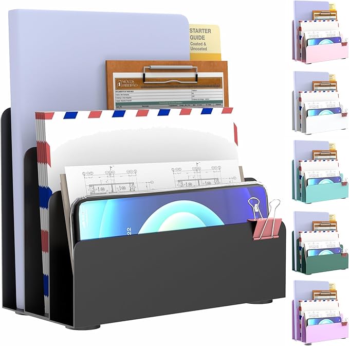 OUTIOE Mail Organizer Countertop, Small Desk File Organizer, Metal File Holder - Essential Workspace Organizers for Office Desk, Home Office (Black)