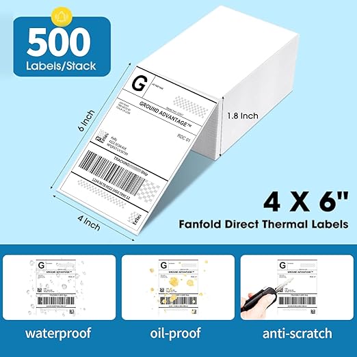 4"×6" Direct Thermal Shipping Label, Fanfold Thermal Label 1000 Packs (500packs Per Stack) Permanent Adhesive, Compatible with Zebra, Rollo, Jadens, Nelko