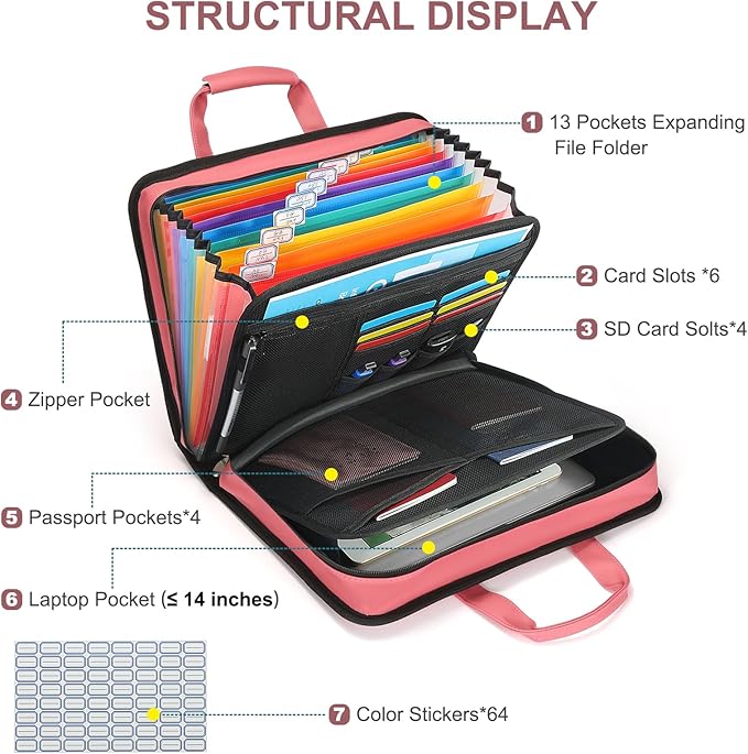 SEEKIND PU Leather Accordion File Organizer with Handle & Strap，12 Pockets Expanding File Folder with Zipper & Labels，Portable Document Organizer File for Letter A4 Files